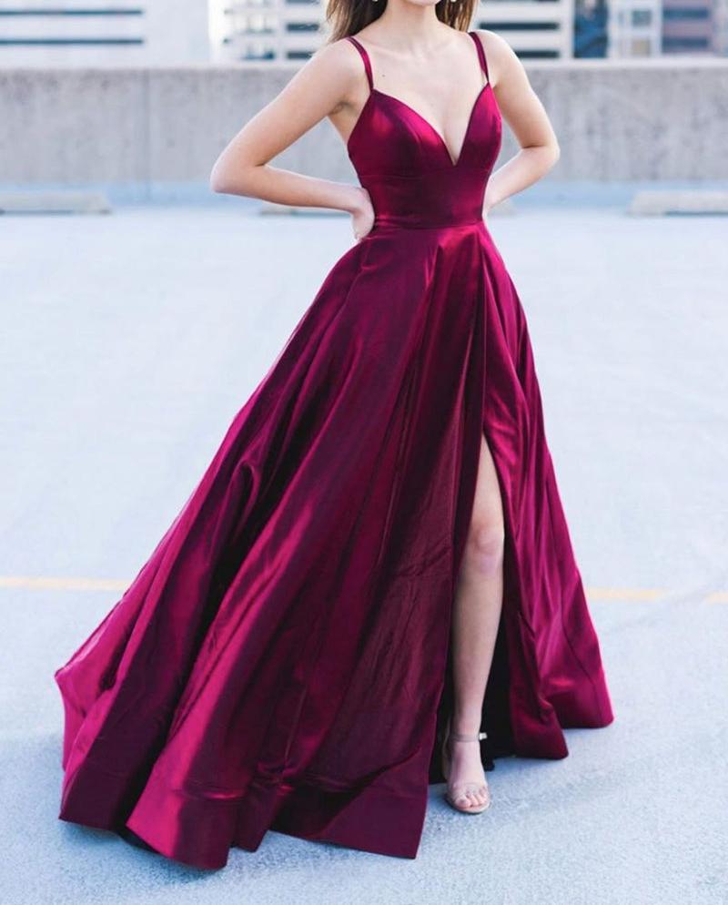 Unthony - A Line V Neck Open Back Long Burgundy Prom Dress with High Slit