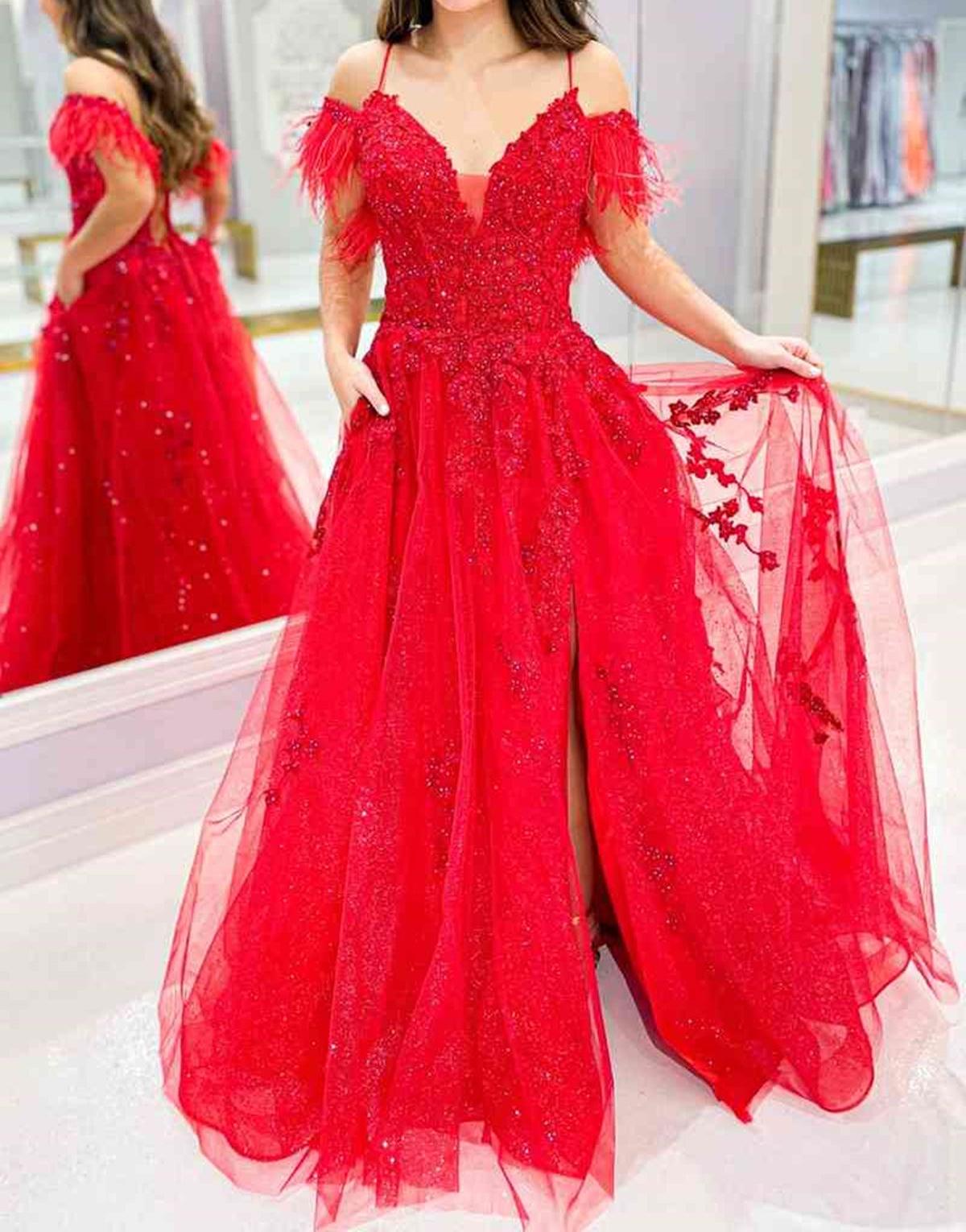 Unthony - V Neck Off Shoulder Red Lace Long Prom Dress with High Slit
