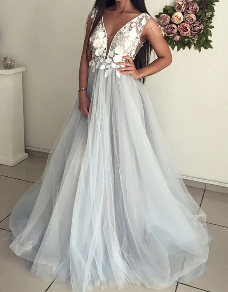 Unthony - A Line V Neck Long Lace Appliques Gray Prom Dress
