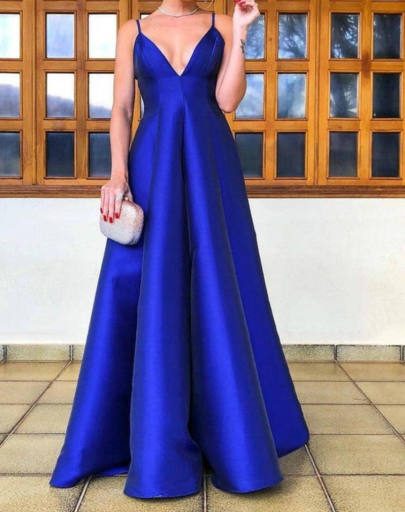 Unthony - Simple A Line V Neck Backless Royal Blue Satin Long Prom Dress