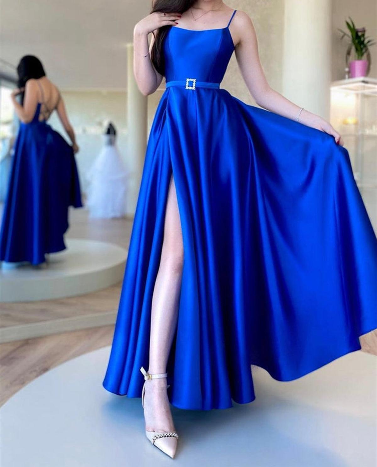 Unthony - Backless Royal Blue Satin Long Prom Dress with High Slit
