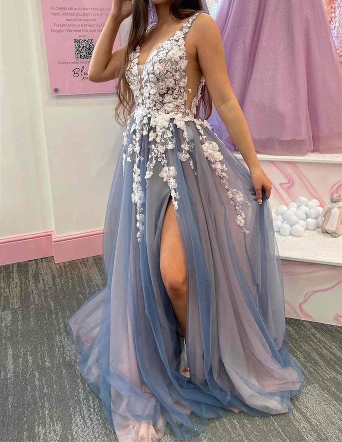 Unthony - V Neck Open Back Smoke Blue Tulle Long Prom Dress with Lace Flowers