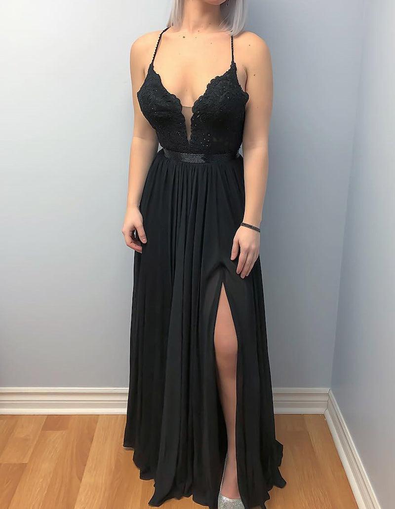 Unthony - A Line V Neck Backless Lace Black Long Prom Dress with Leg Slit