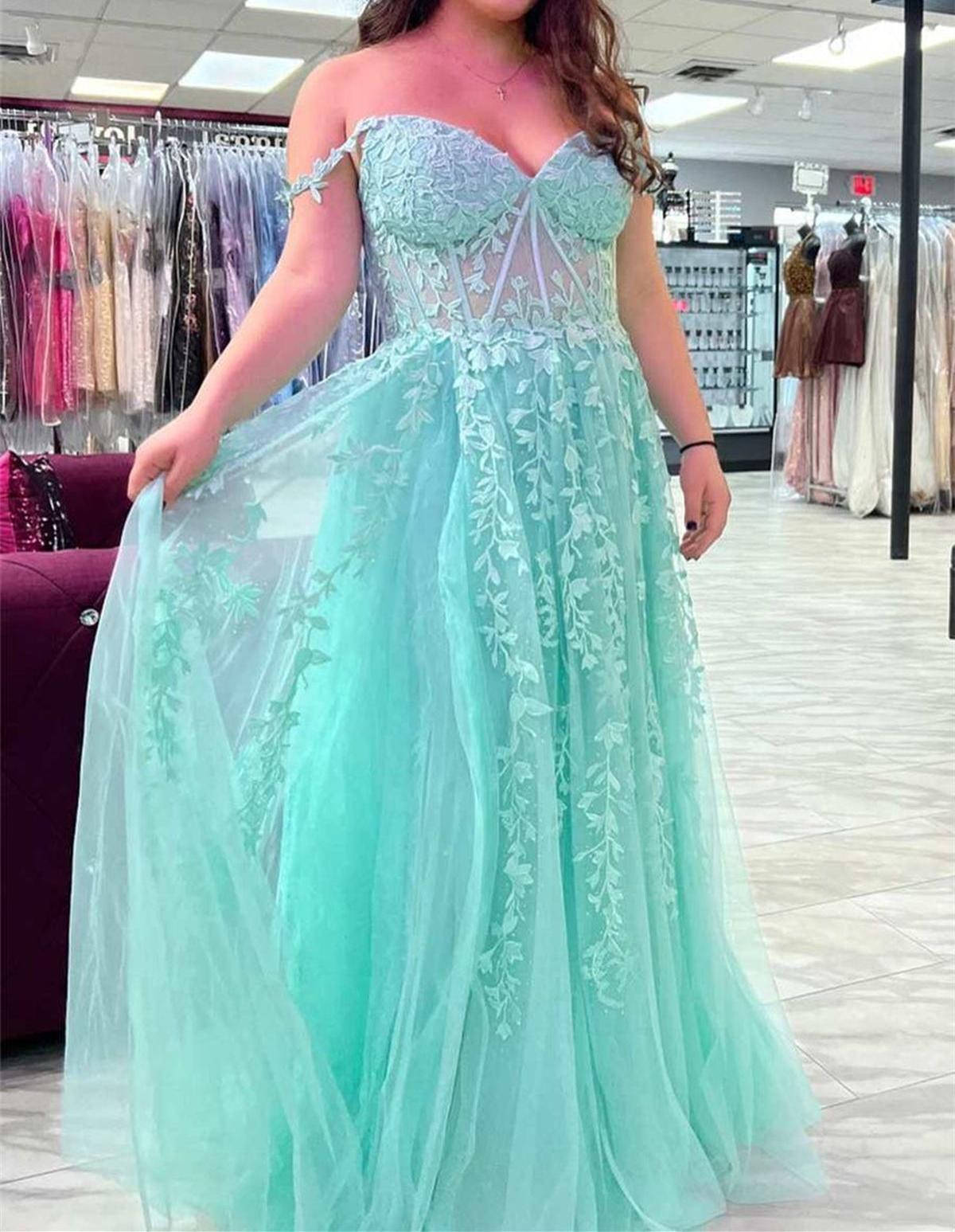 Unthony - Off Shoulder Teal Lace Long Prom Dress
