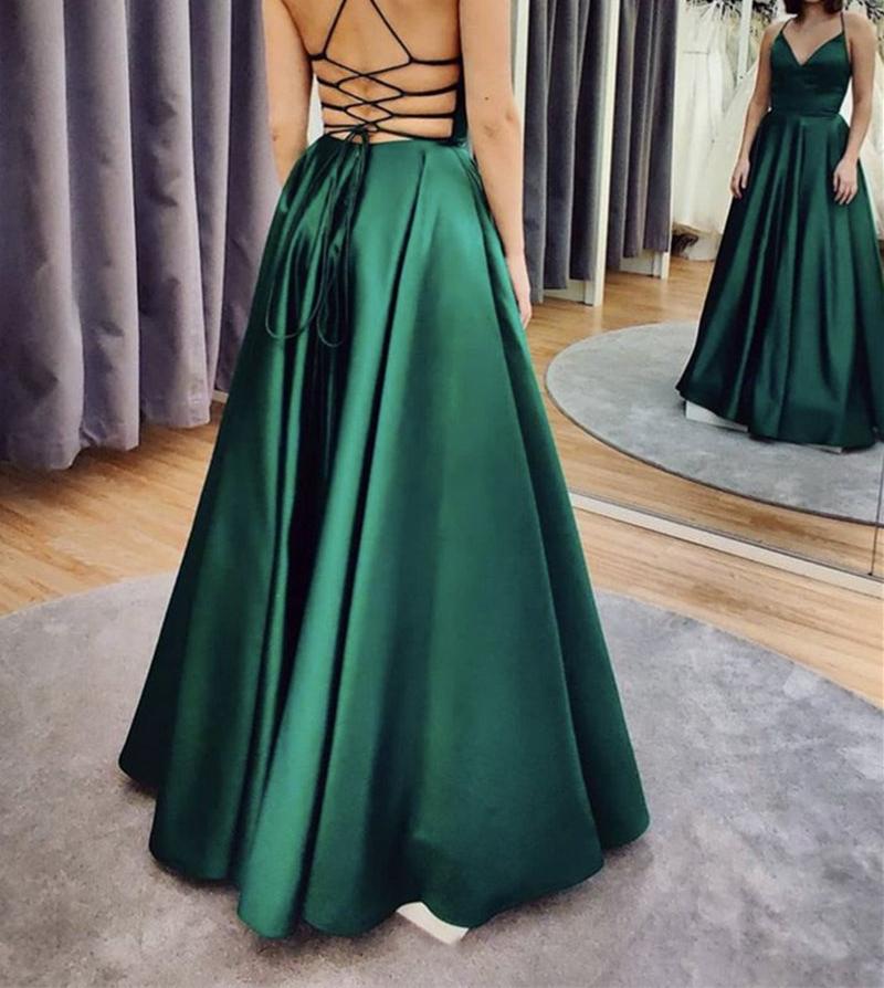 Unthony - A Line V Neck Floor Length Backless Emerald Green Satin Long Prom Dress