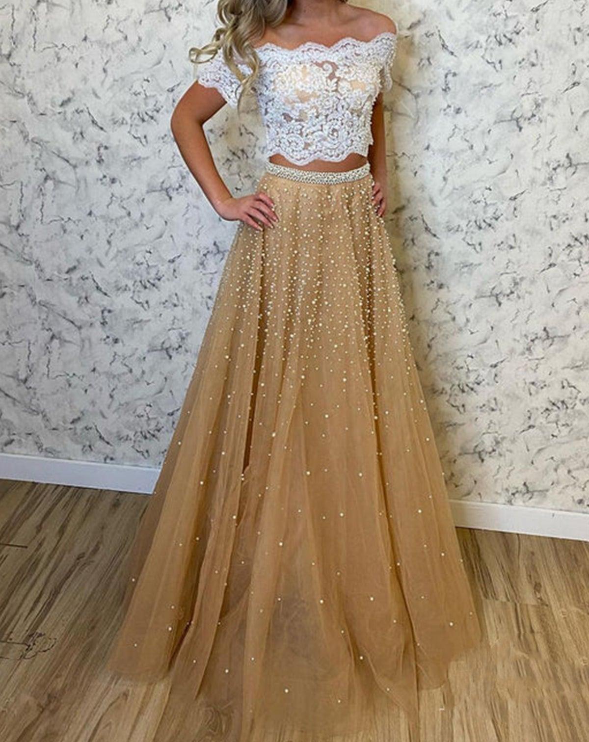 Unthony - Off Shoulder Two Pieces Champagne Tulle Long Prom Dress with Pearls