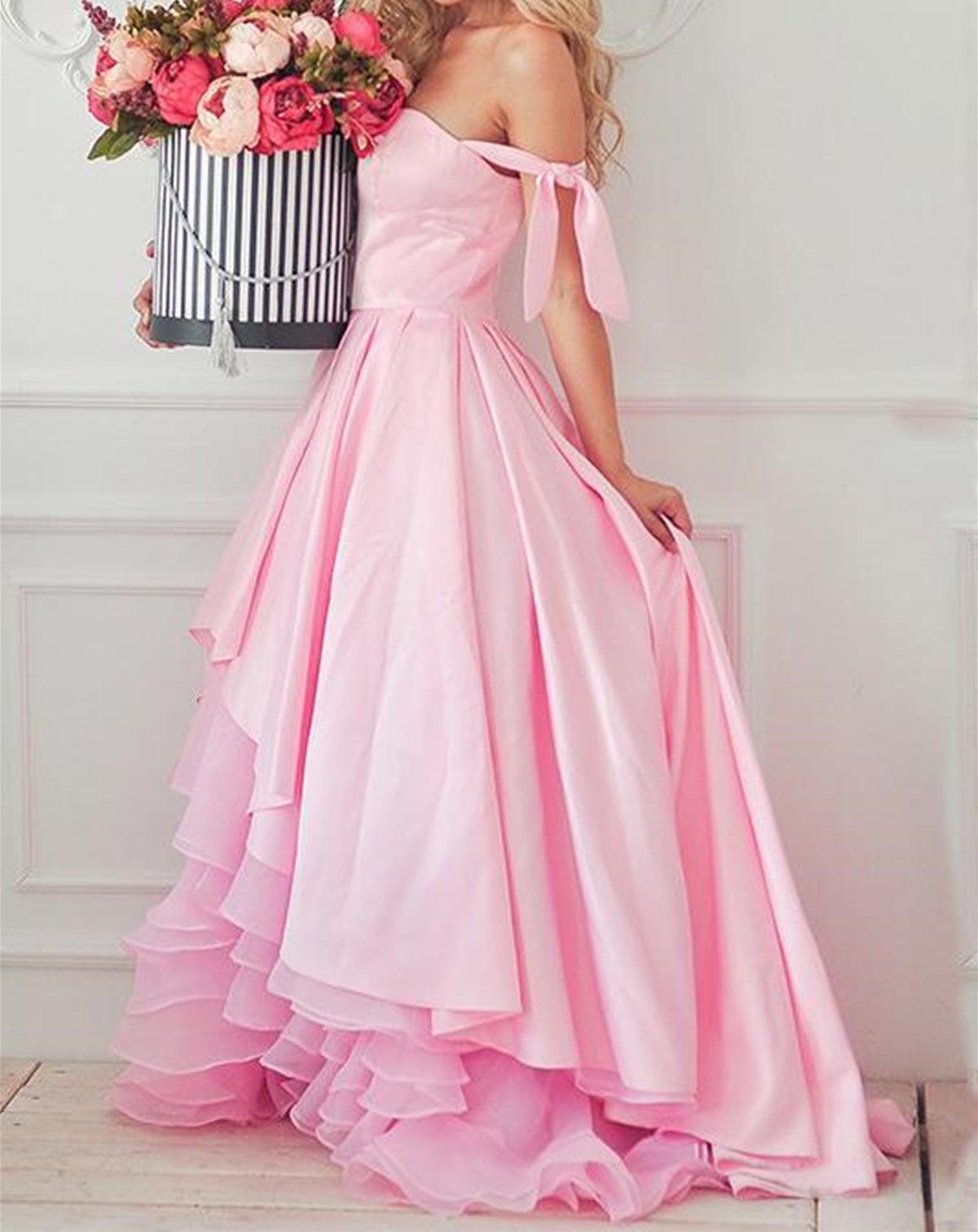 Unthony - High Low Off Shoulder Pink Long Prom Dress