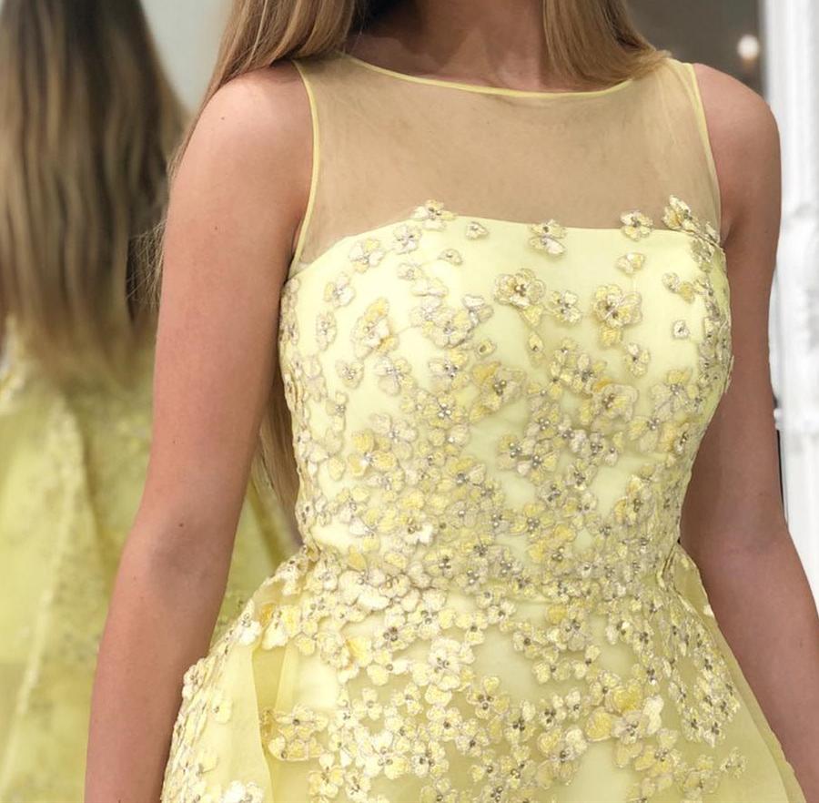 Unthony - High Low Round Neck Yellow Floral Lace Long Prom Dress