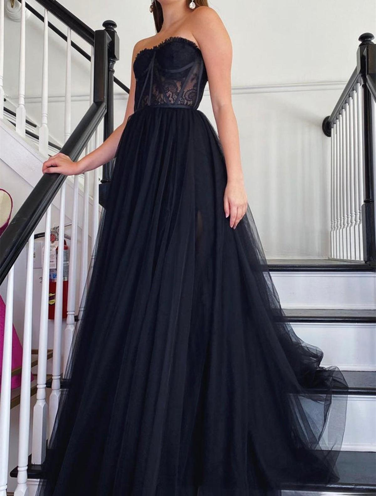 Unthony - Strapless Black Lace Tulle Long Prom Dress