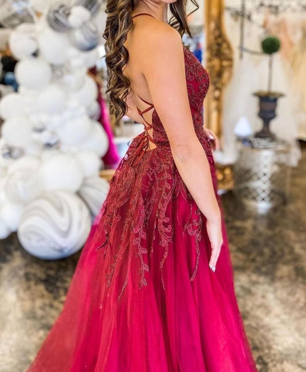 Unthony - A Line V Neck Backless Burgundy Lace Long Prom Dress