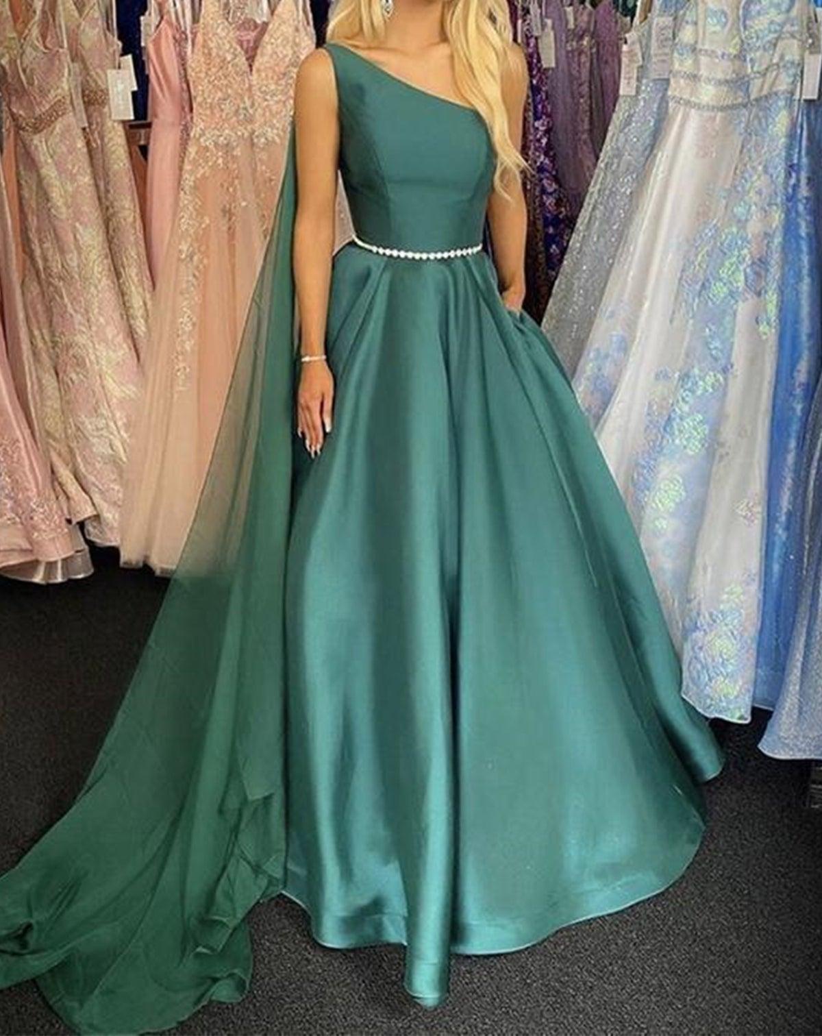 Unthony - Elegant One Shoulder Green Satin Long Prom Dresses with Belt