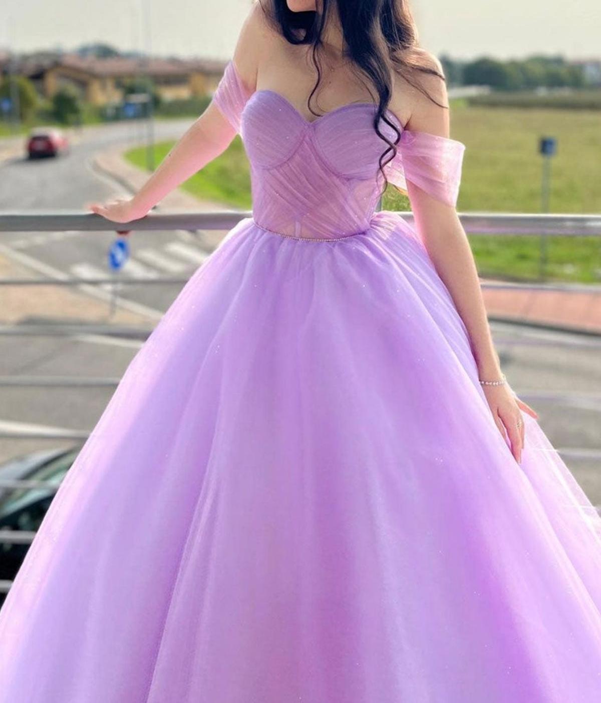 Unthony - Elegant Off Shoulder Purple Tulle Long Prom Dress
