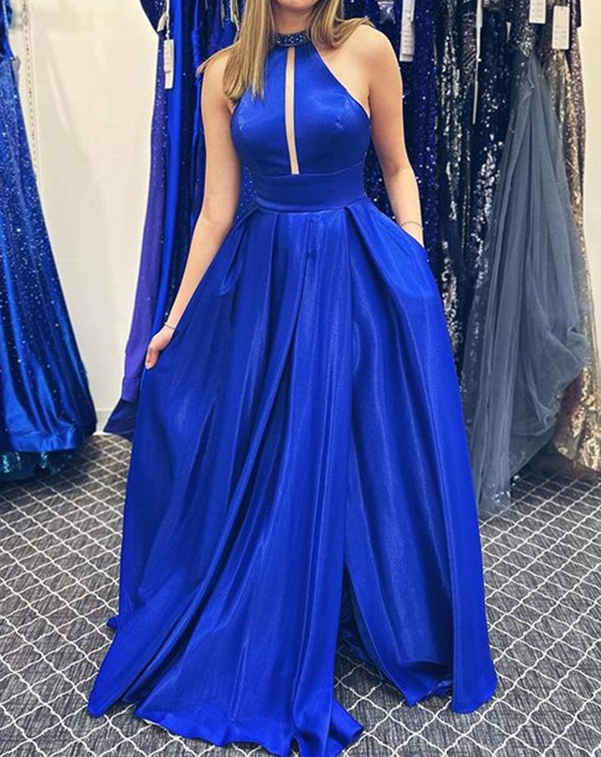 Unthony - Halter Neck Beaded Royal Blue Satin Long Prom Dress