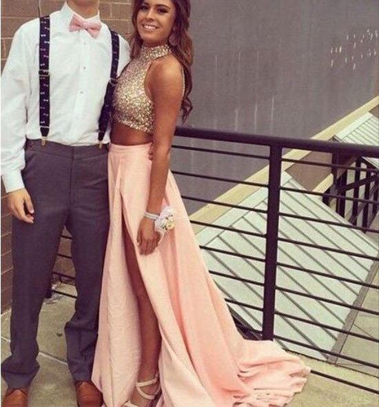 Unthony - Custom Made Two Pieces Sequins Pink Prom Dresses