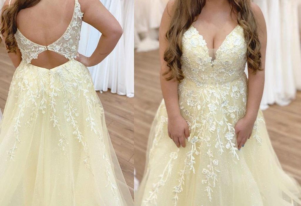 Unthony - V Neck Backless Yellow Lace Long Prom Dress