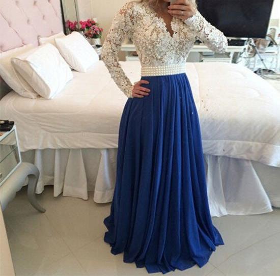 Unthony - A Line Long Sleeves White Lace Blue Prom Dresses