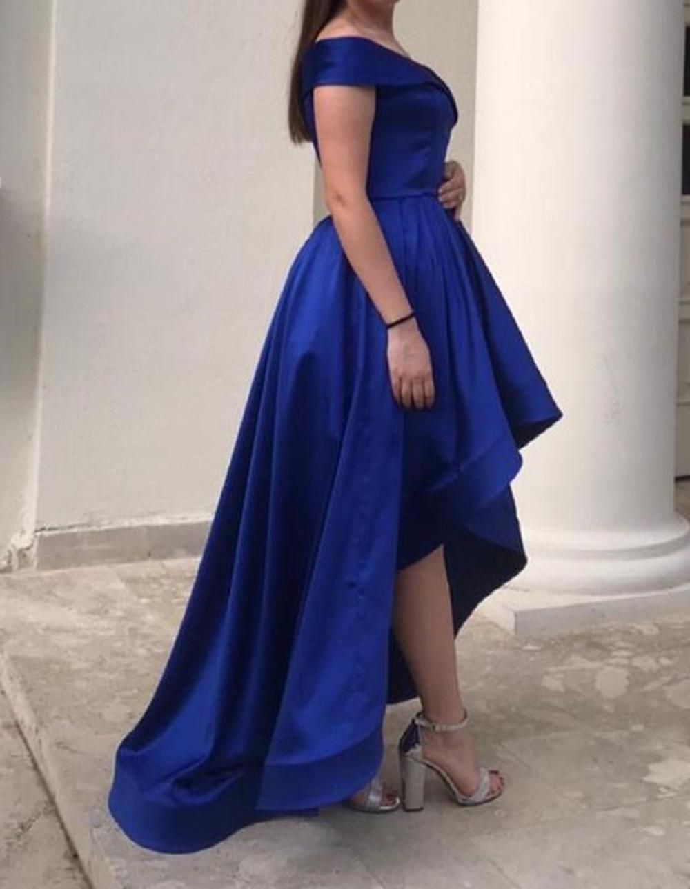 Unthony - High Low Off Shoulder Blue Satin Long Prom Dress
