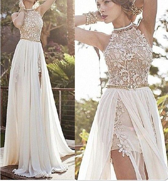 Unthony - A Line High Neck Backless White Lace Prom Dresses