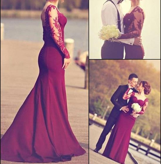 Unthony - Custom Made Long Maroon Lace Prom Dresses