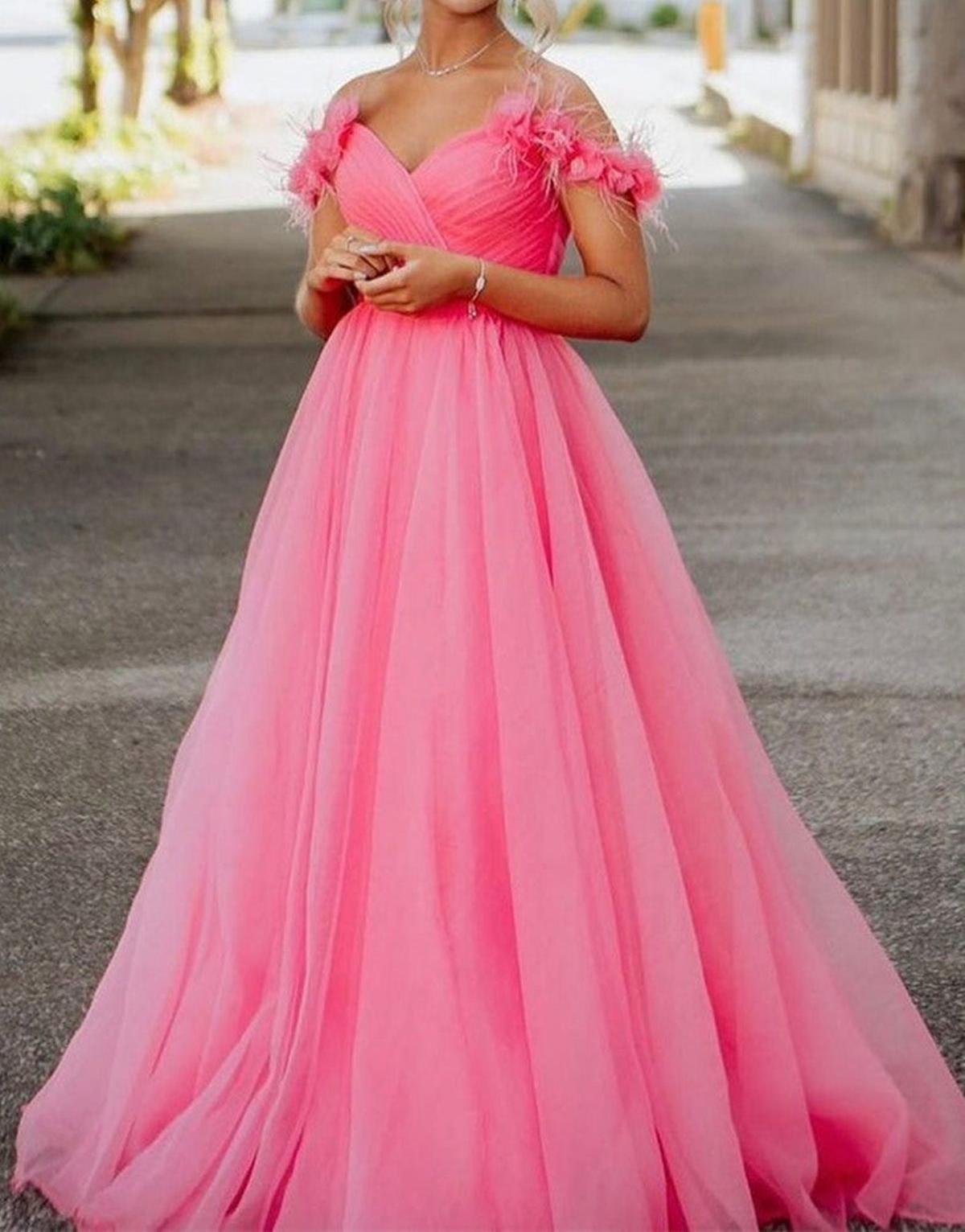 Unthony - Off Shoulder Hot Pink Tulle Long Prom Dress