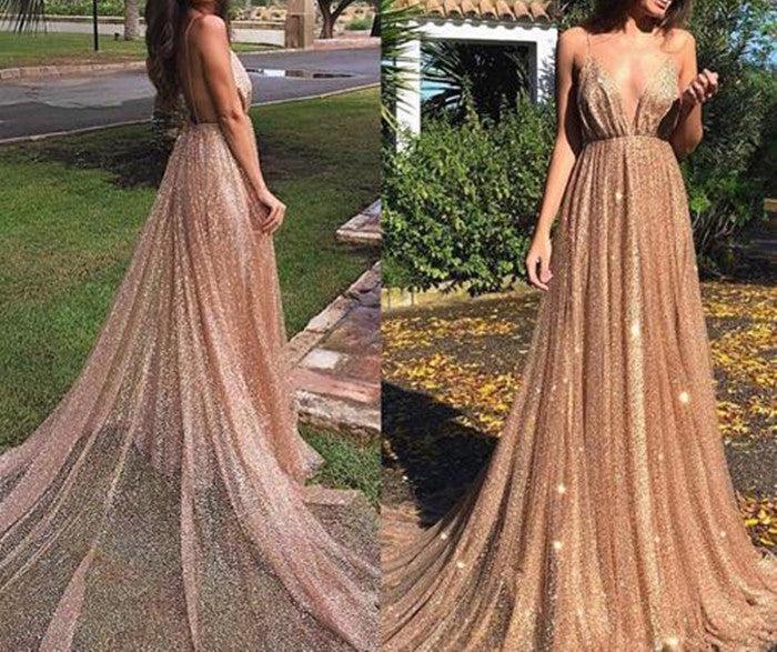 Unthony - Sparkly V Neck Spaghetti Straps Backless Long Prom Dresses
