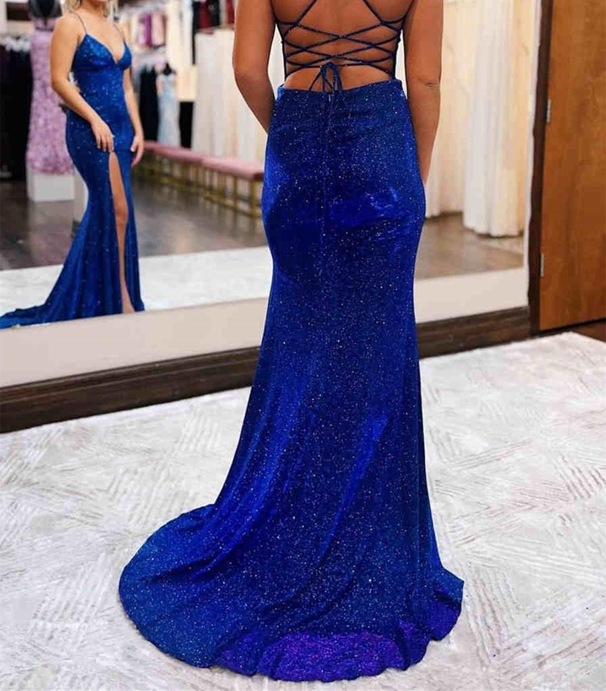 Unthony - Backless Mermaid V Neck Blue Long Prom Dress with High Slit