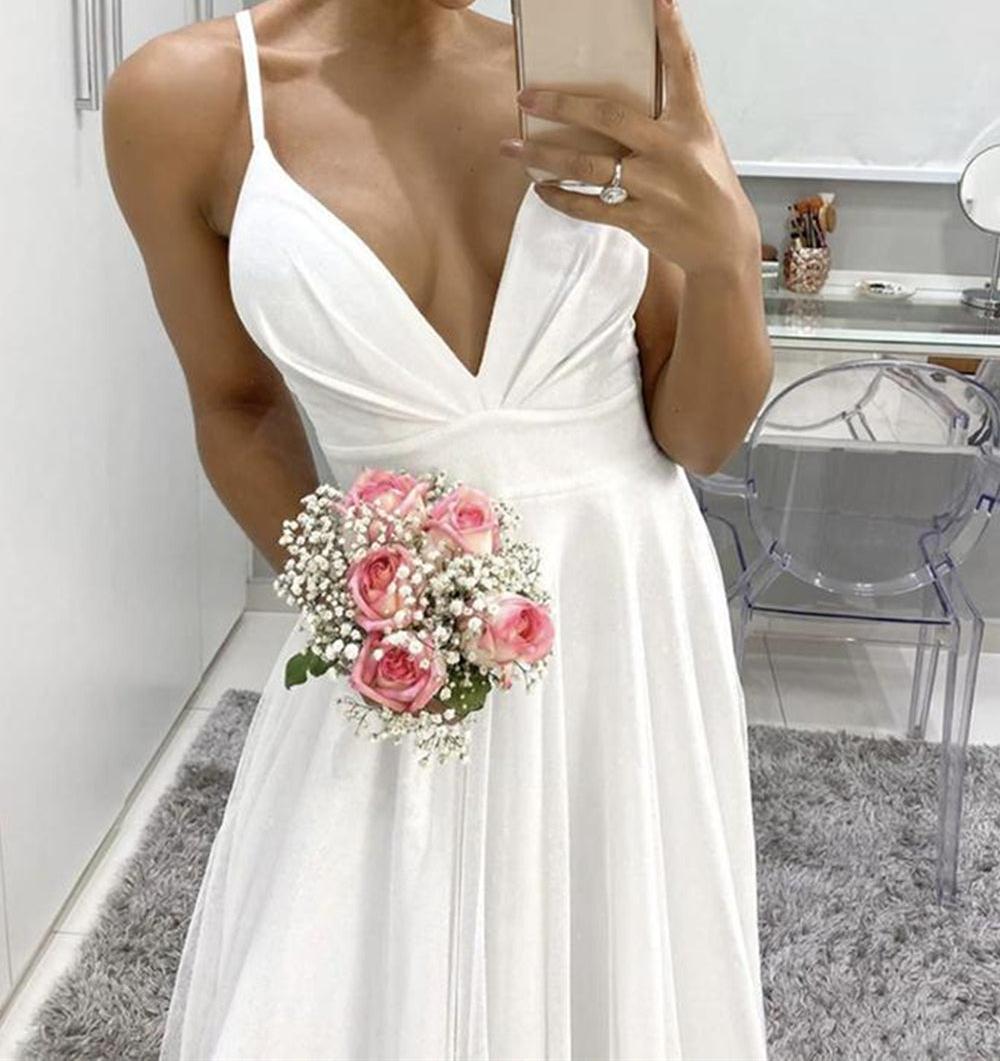 Unthony - A Line V Neck Thin Straps White Chiffon Long Prom Dress