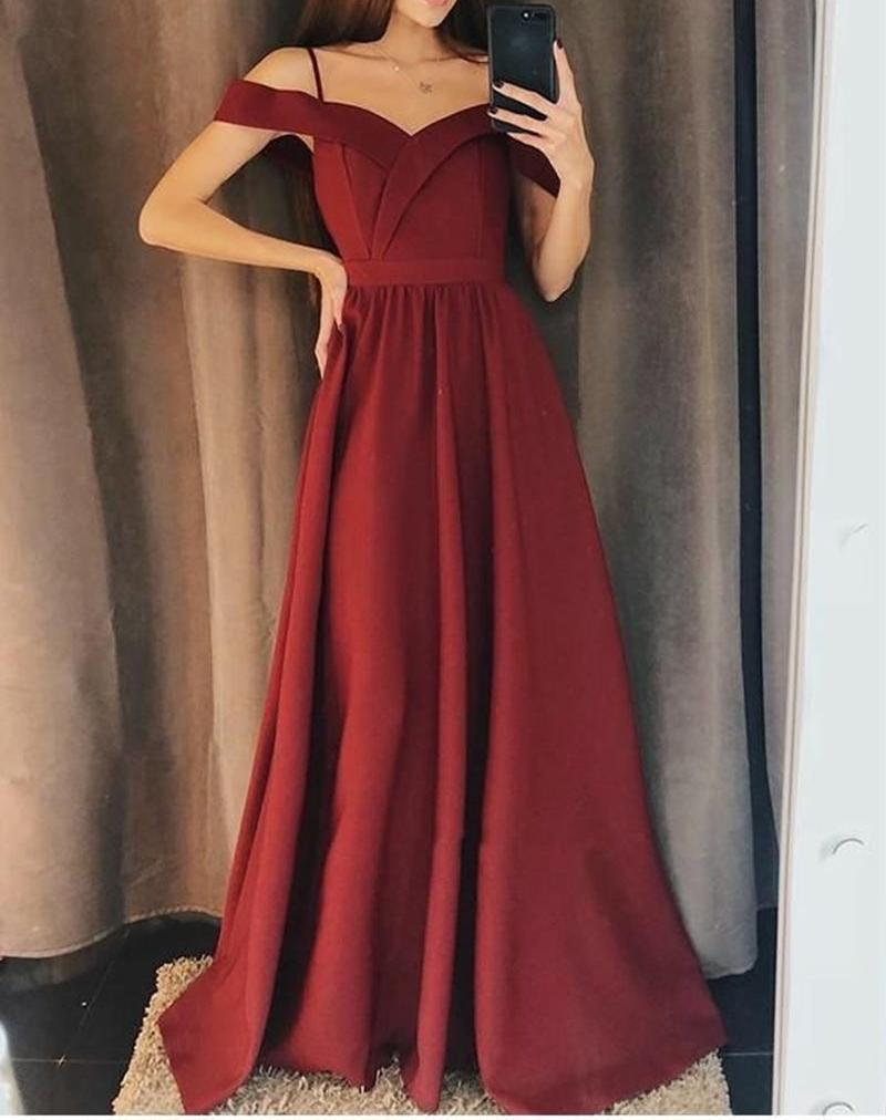 Unthony - Elegant Off the Shoulder Burgundy Satin Long Prom Dress