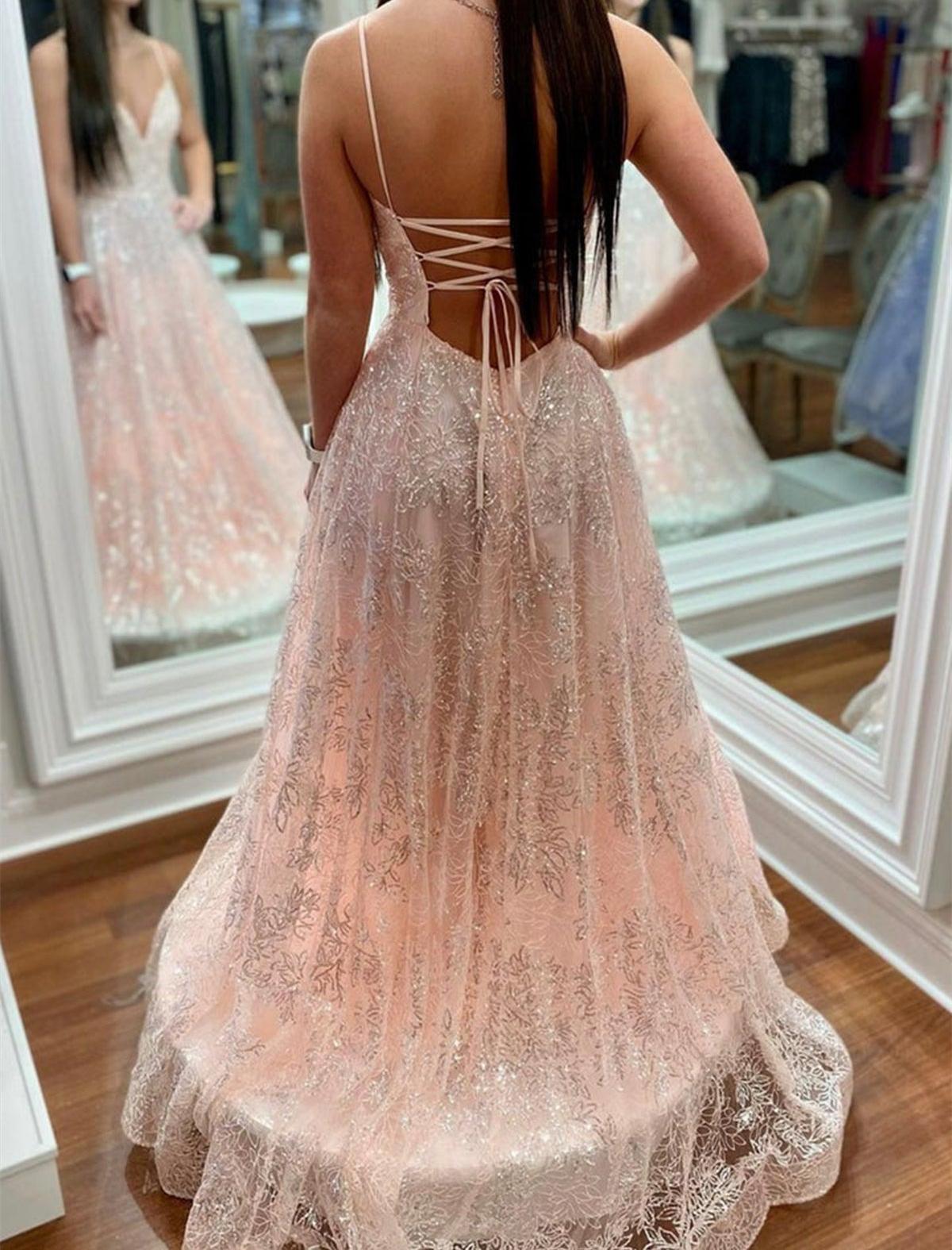 Unthony - Shiny V Neck Open Back Pink Lace Long Prom Dress