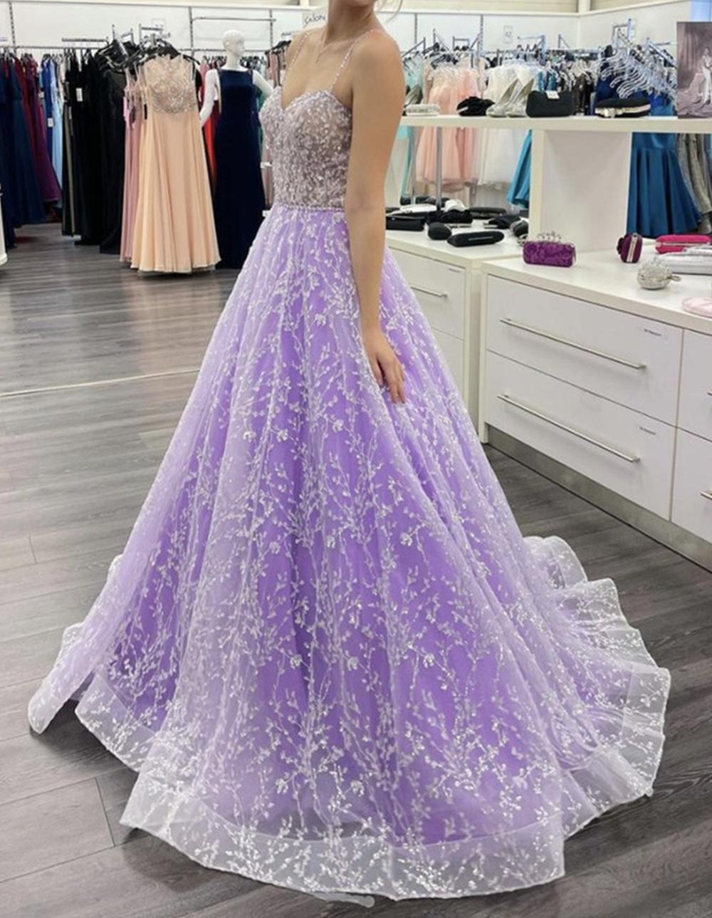 Unthony - Gorgeous Sweetheart Neck Purple Lace Beaded Long Prom Dress