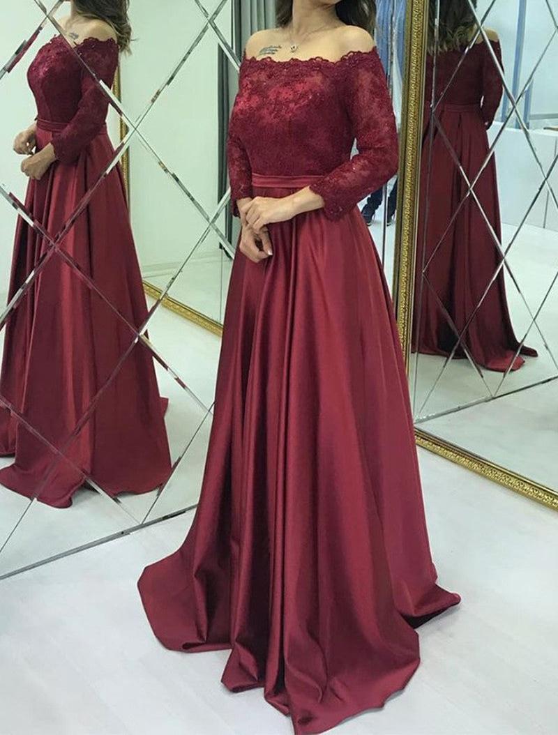 Unthony - Long Sleeves Lace Burgundy Long Prom Dresses