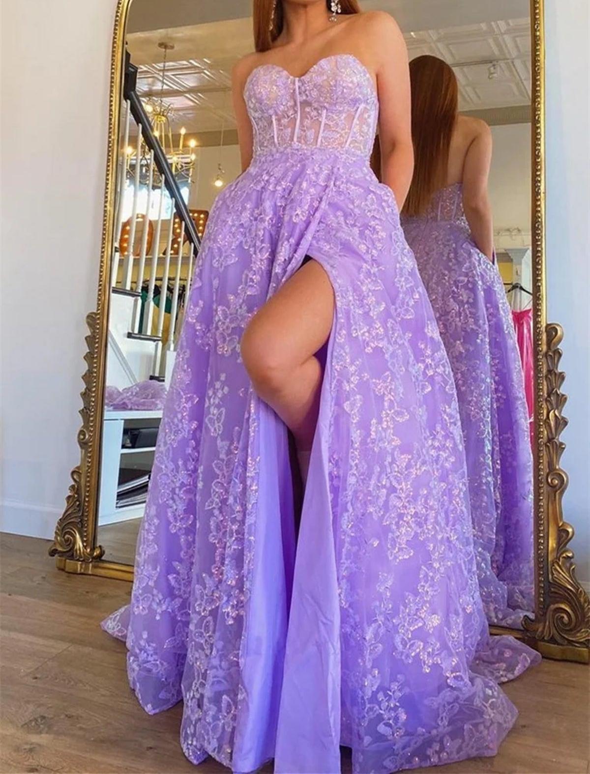 Unthony - Open Back Long Sleeves Purple Lace Prom Dresses with High Slit