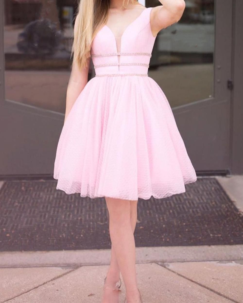 Unthony - Cute V Neck Pink Short Prom Dress with Belt