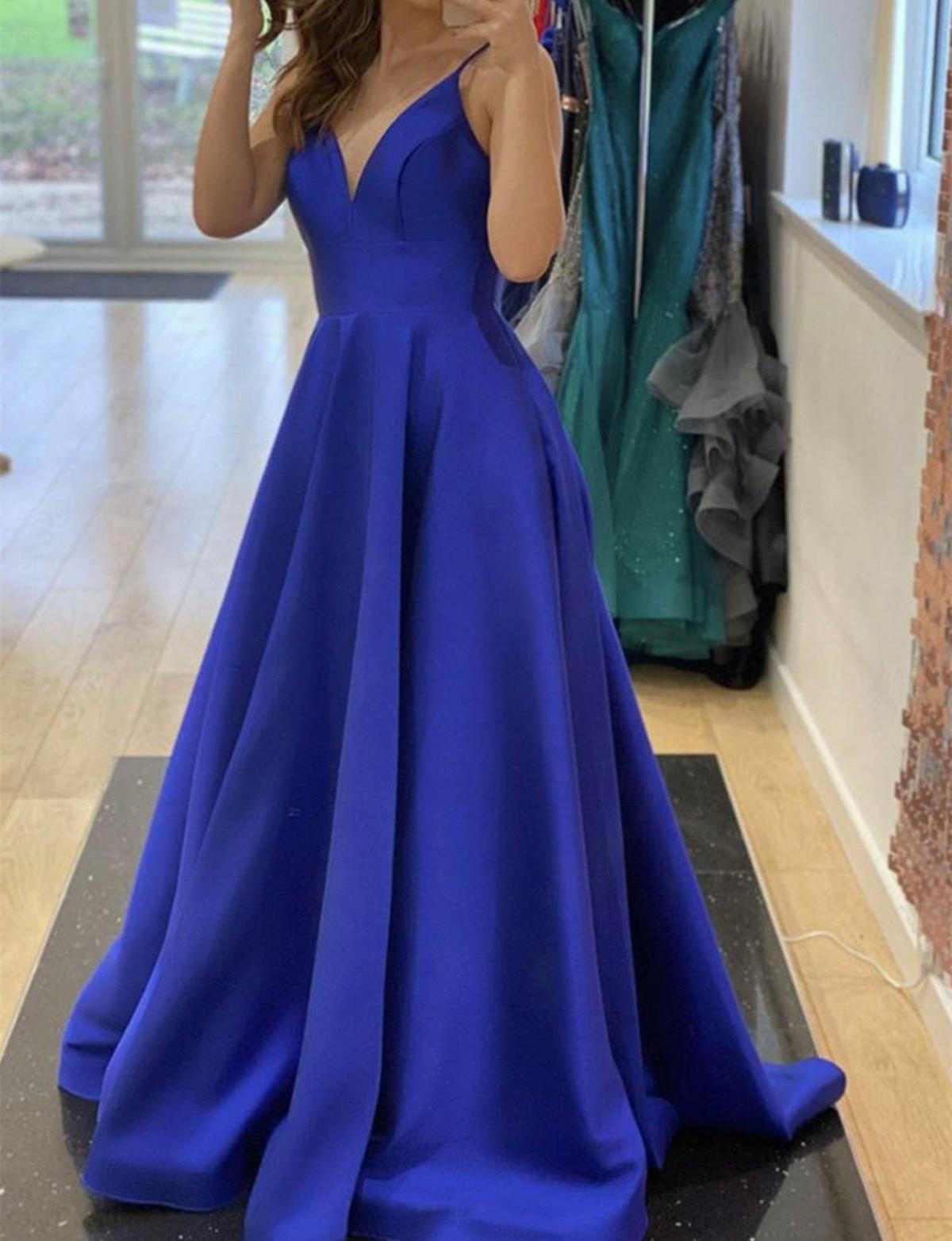 Unthony - A Line V Neck Open Back Blue Long Prom Dress