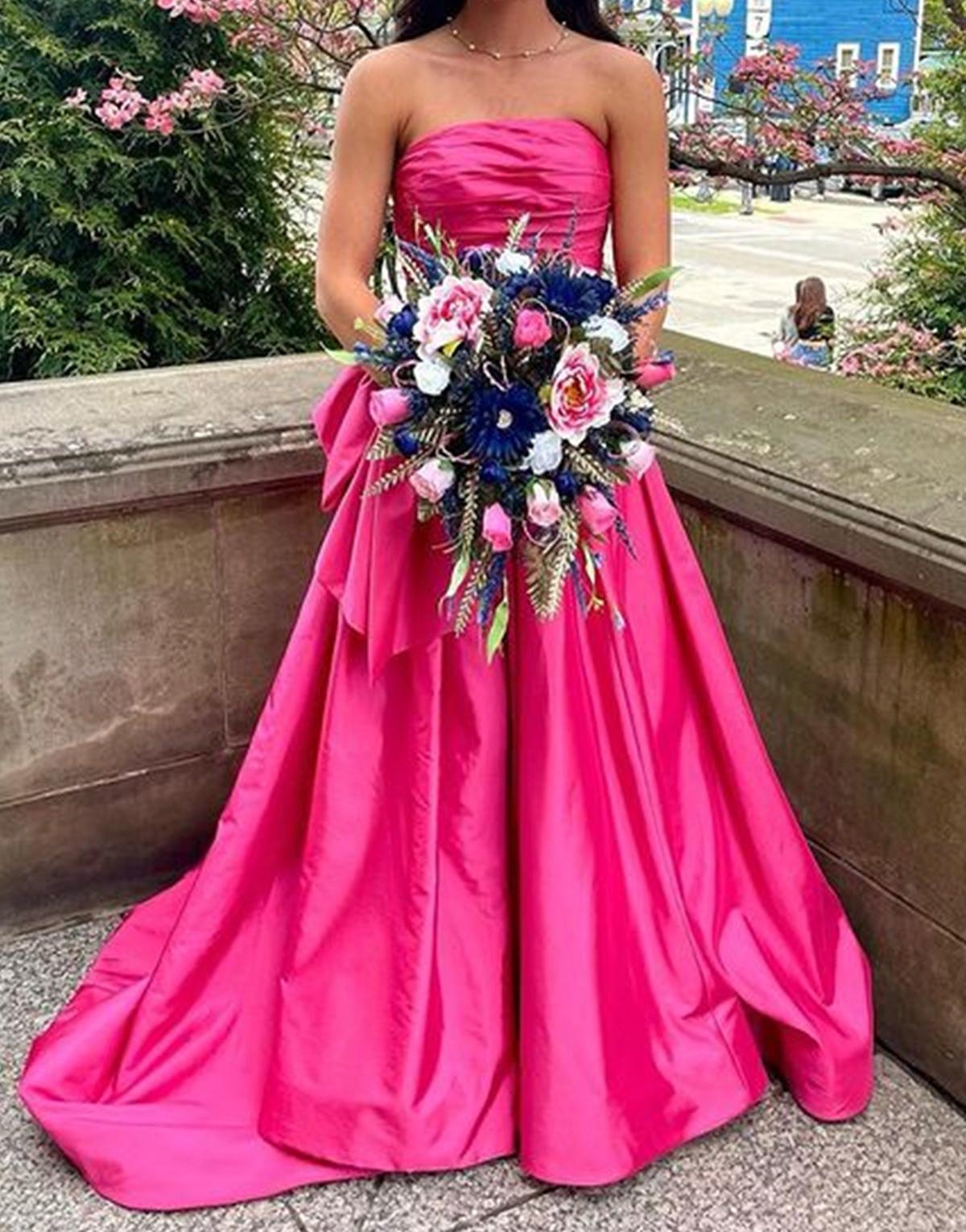 Unthony - Strapless Hot Pink Satin Long Prom Dress