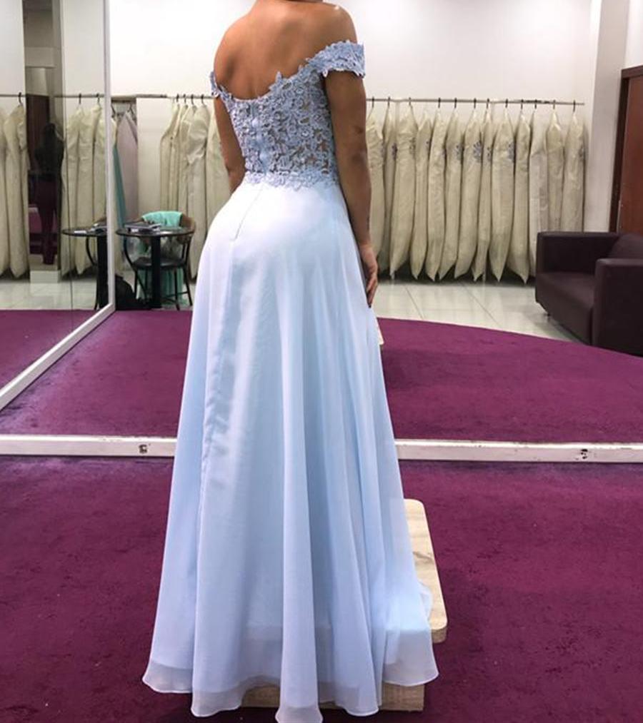 Unthony - A Line Off Shoulder Lace Light Blue Prom Dresses