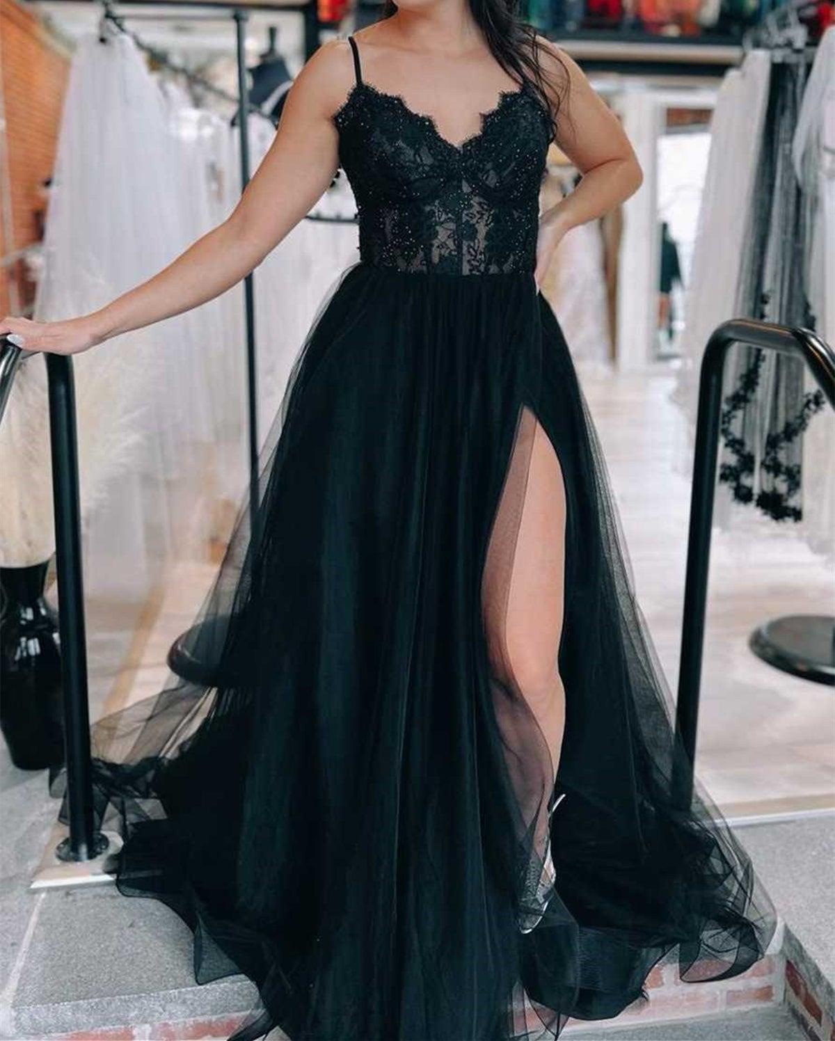 Unthony - Open Back V Neck Black Lace Top Long Prom Dress with High Slit