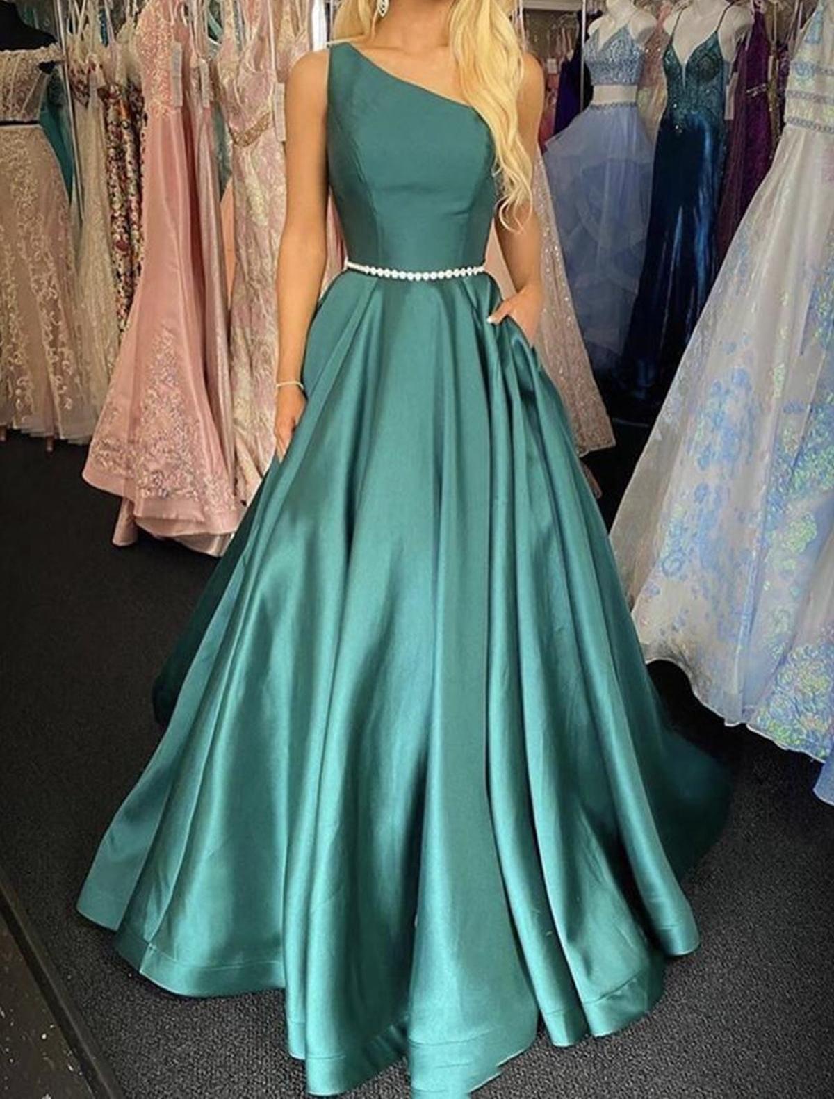 Unthony - Elegant One Shoulder Green Satin Long Prom Dresses with Belt
