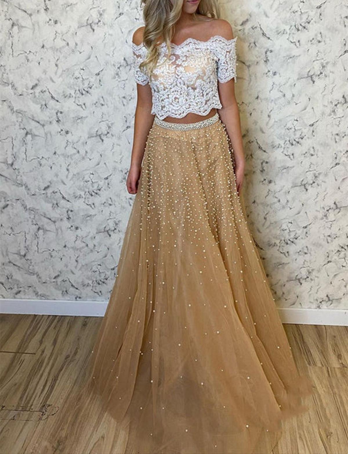 Unthony - Off Shoulder Two Pieces Champagne Tulle Long Prom Dress with Pearls
