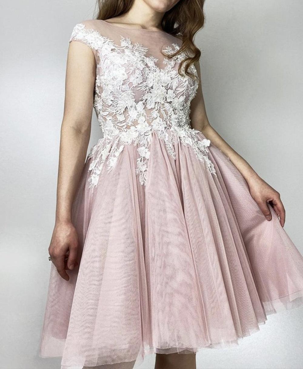 Unthony - Round Neck Short Pink Lace Floral Prom Dress