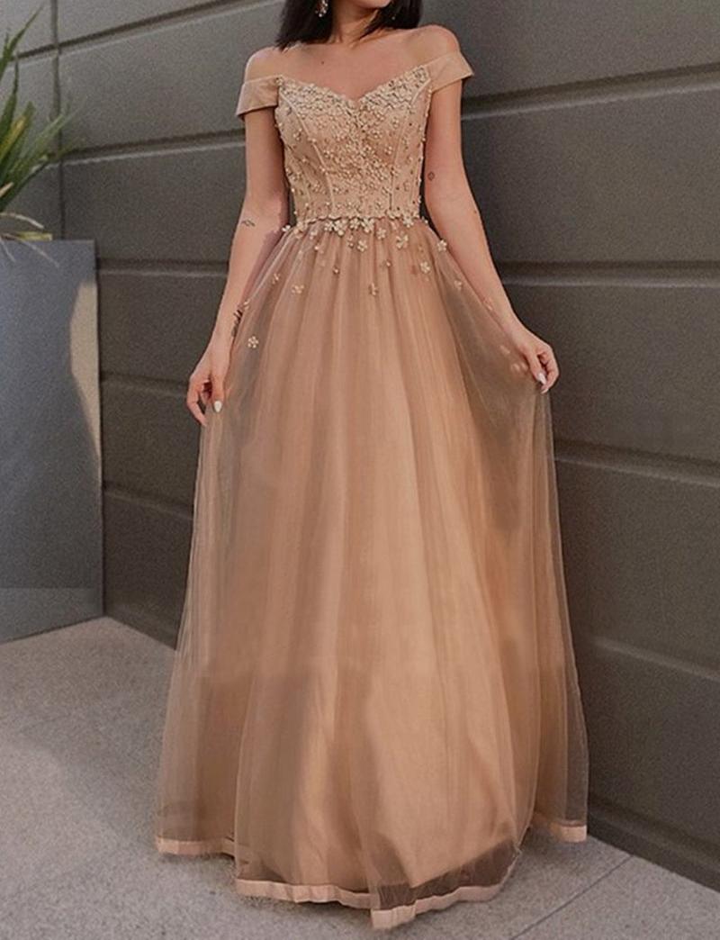 Unthony - Off the Shoulder Champagne Lace Floral Prom Dress