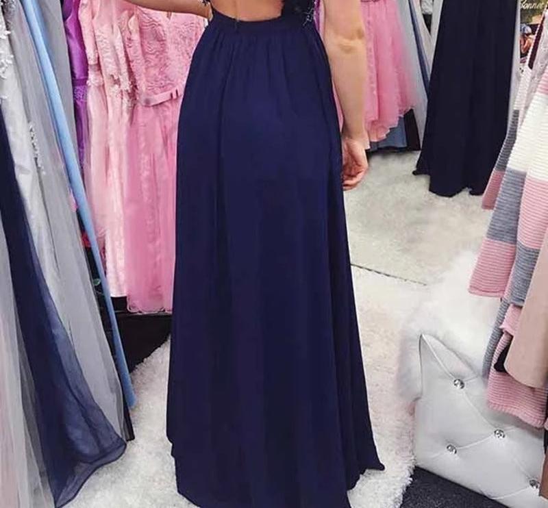 Unthony - A Line V Neck Open Back Navy Blue Lace Long Prom Dress