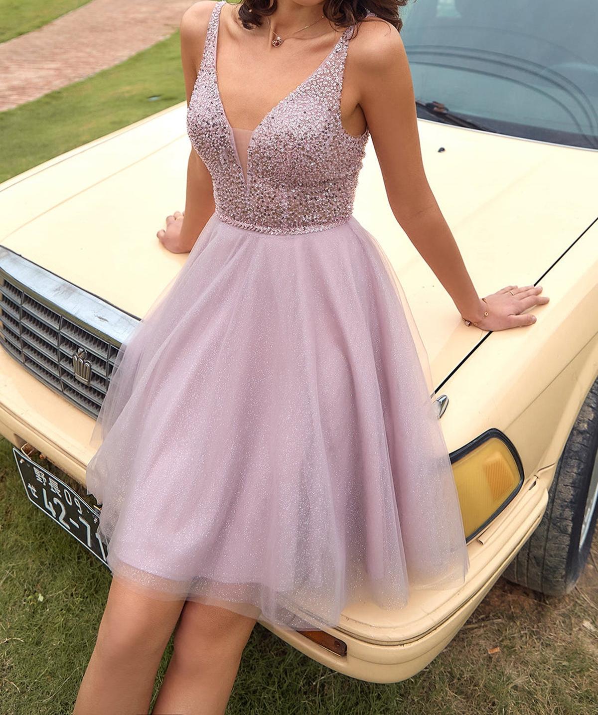 Unthony - V Neck Open Back Grey Sequin Short Prom Dress