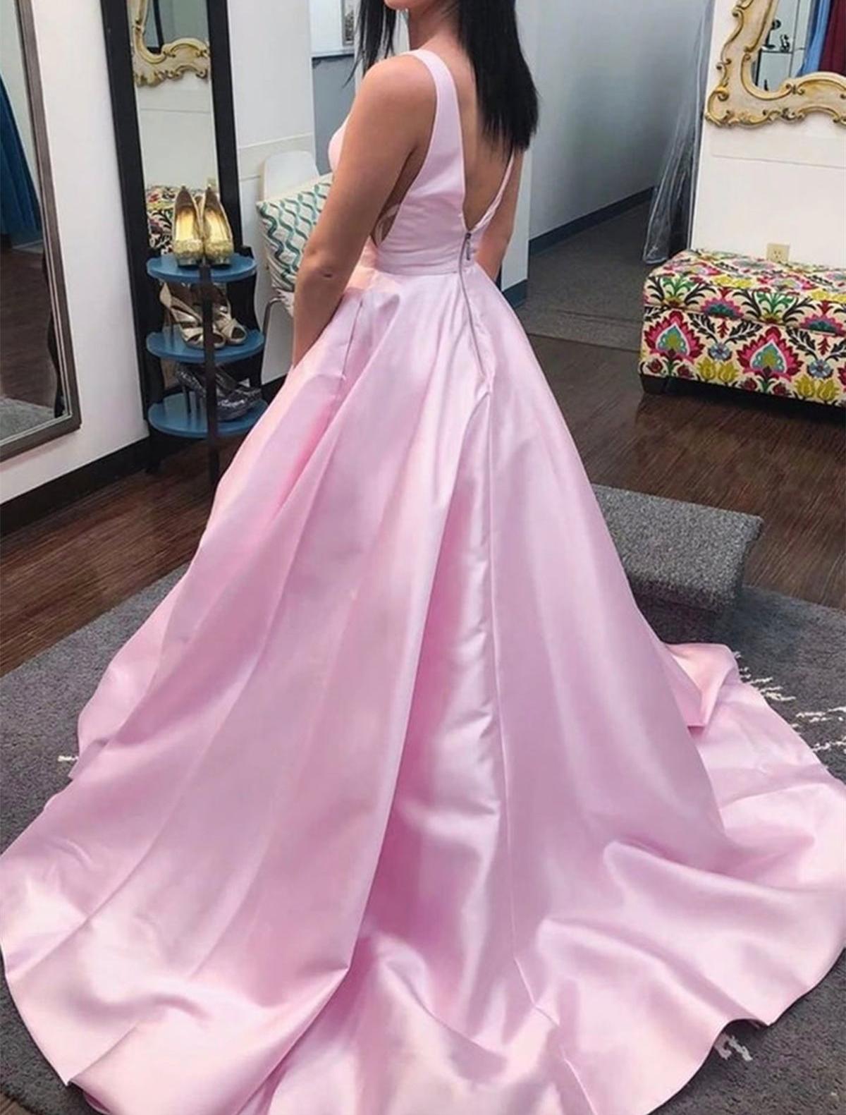 Unthony - Simple V Neck Open Back Pink Satin Long Prom Dress