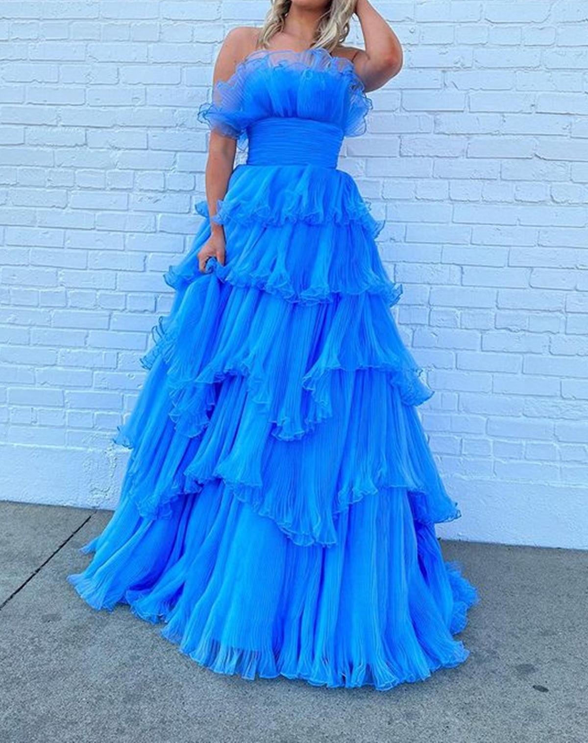 Unthony - Strapless Layered Blue Long Prom Dresses