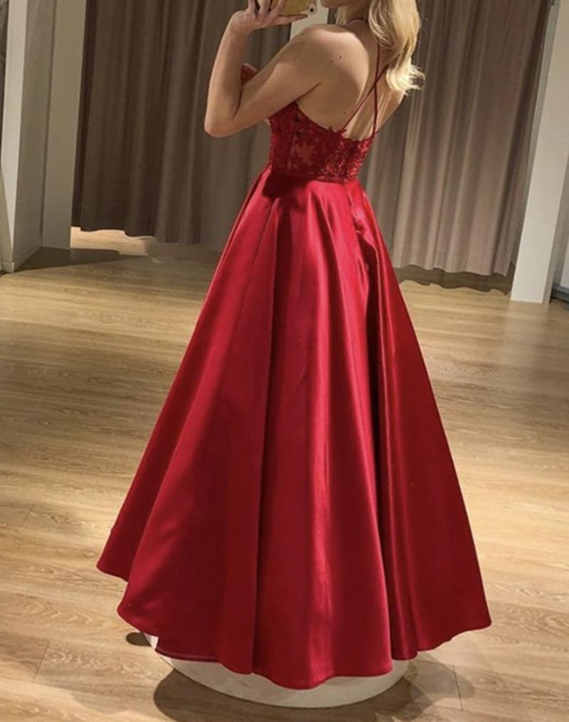 Unthony - A Line Backless Long Red Lace Prom Dress