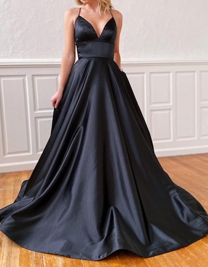 Unthony - A Line V Neck Backless Black Satin Long Prom Dress