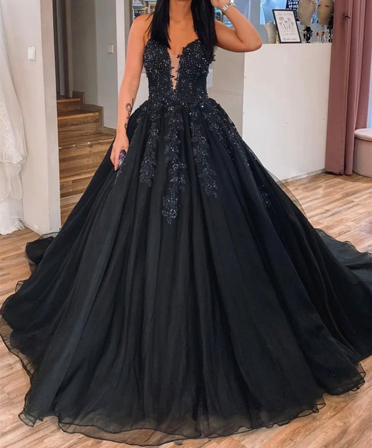 Unthony - Gorgeous V Neck Beaded Black Lace Long Prom Dress