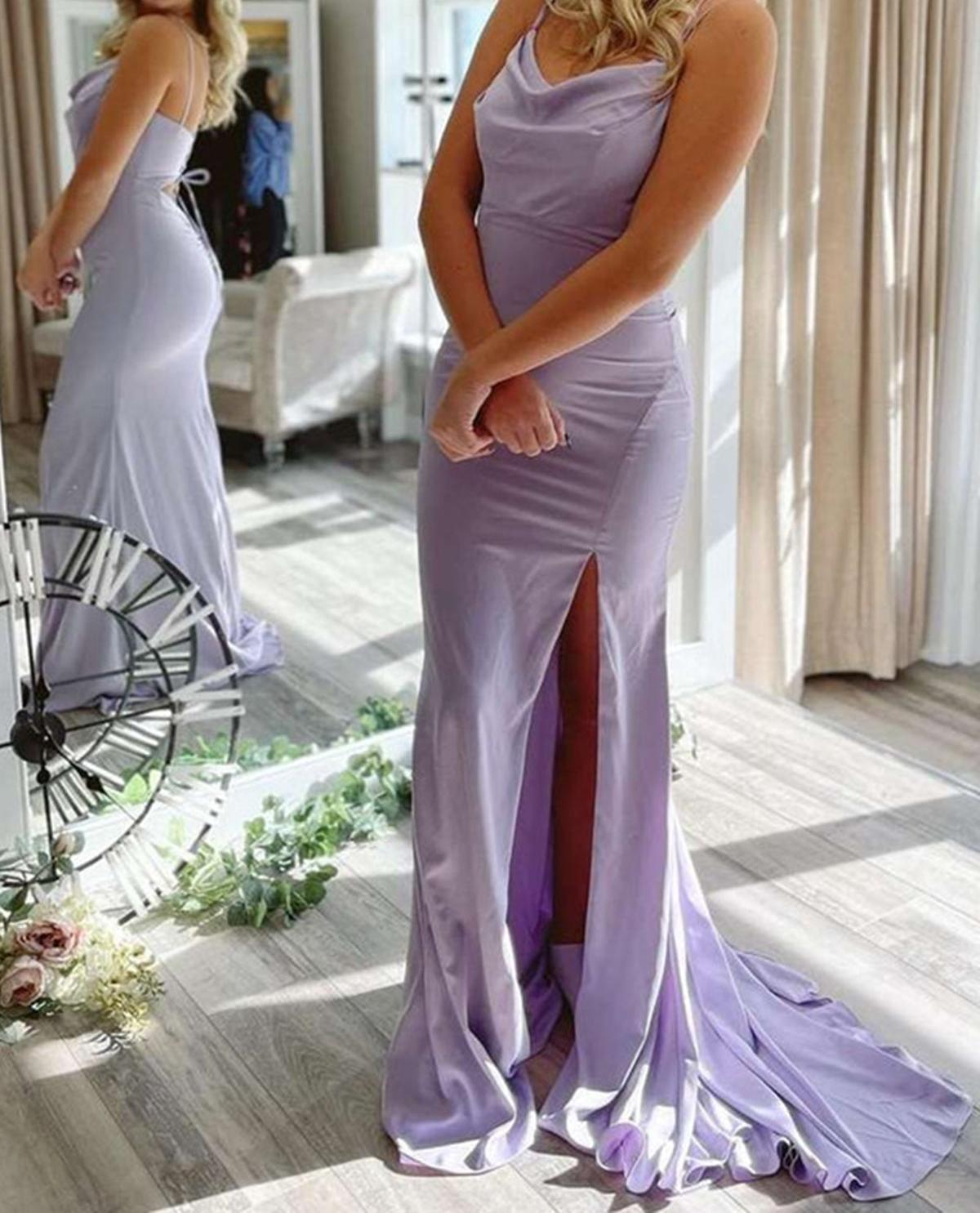 Unthony - Elegant Open Back Lavender Satin Long Prom Dress with High Slit