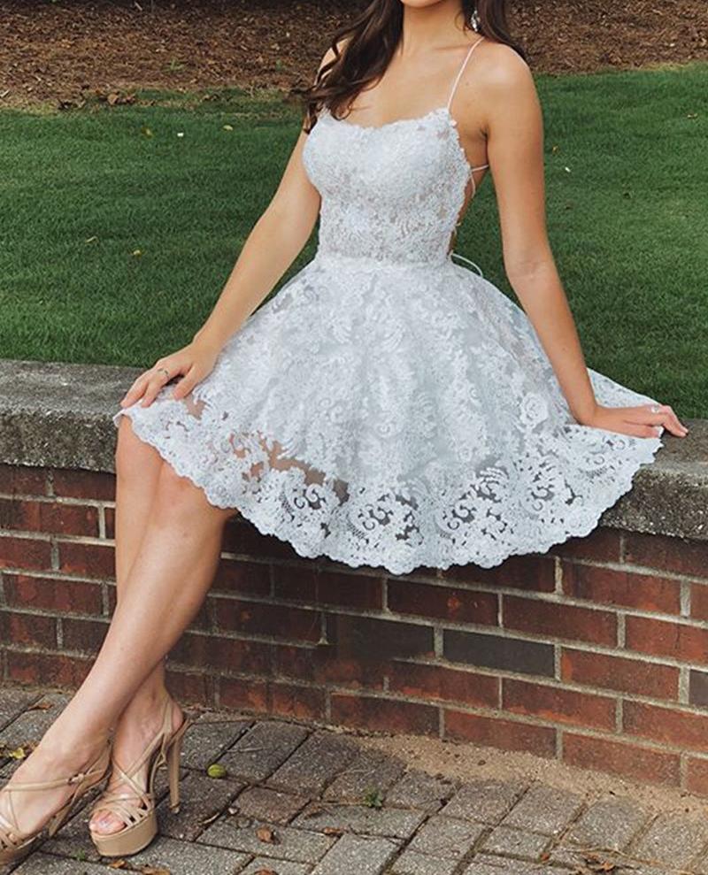 Unthony - A Line Backless Lace White Homecoming Dresses Short Prom Dresses